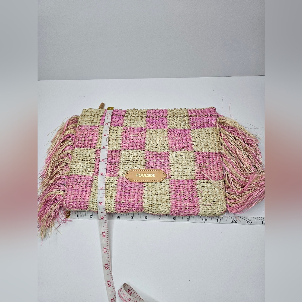 Poolside Clutch Natural/Pink Checkered Fringe Clutch Straw  NWT Upcycled Organic - Picture 10 of 13